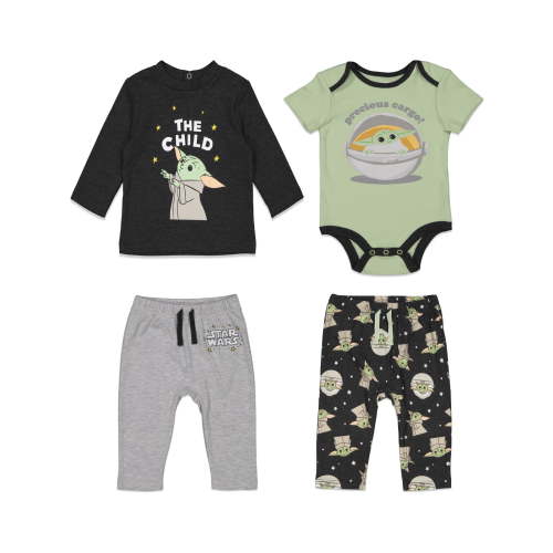 Star Wars The Child Newborn Baby Boys Cuddly Mix N' Match Short Sleeve Bodysuit Long Graphic T-Shirt and Pants 4 Piece Layette Set 0-3 Months