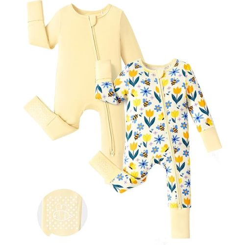 PATPAT Baby Footie Romper with Mittens for Boy and Girl, Anti-Slip & 2-Way Zipper, Long Sleeve, Viscose from Bamboo, Outfit