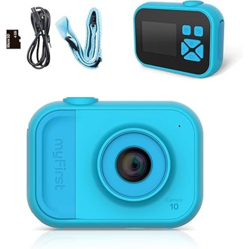 myFirst Camera 10 - Kids Digital Mini Camera for Boys and Girls with Durable Design, 5MP Photos and 1080p Video, Webcam, Tripod Adapter, Neck Lanyard, MicroSD Card, for Kids 3-12 (Blue)
