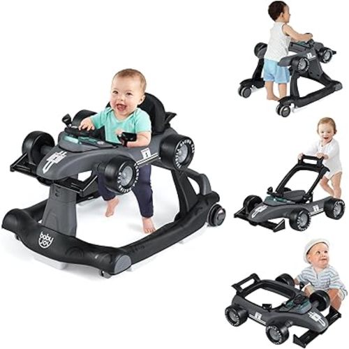 BABY JOY 4-in-1 Baby Walker, Foldable Activity Walker with Adjustable Height & Speed, Music, Lights, Anti-Rollover, Toddler Push Walker, Baby Walker with Wheels for Boys Girls 6-18 Months (Gray)