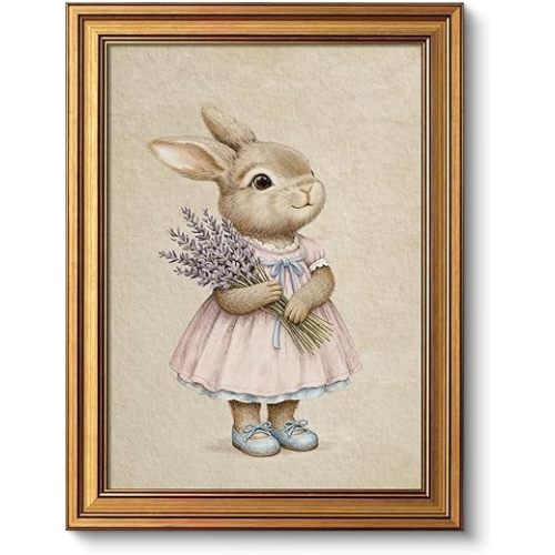 VIYYIEA Vintage Gold Framed Canvas Wall Art, Easter Bunny Wall Decor, Bunny in The Pink Dress Canvas Oil Painting Poster for Rustic Easter, Kids Room, Bedroom, Kitchen, Shelf, Bathroom, 12x16Inch