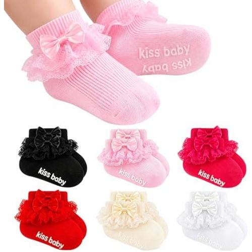Baby Girl Ruffle Socks with Grips, Cotton Bowknot Lace Dress Socks