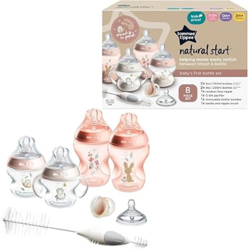 Tommee Tippee Natural Start Baby Bottle Set, 8 Pieces, 0m+, Pink