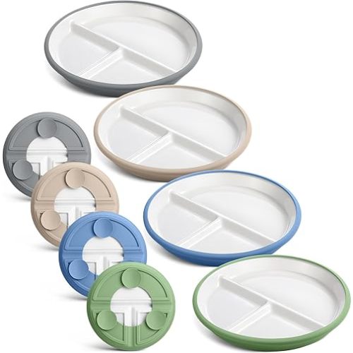 Domensi 4 Set 8 Inch Large Porcelain Kids Plates with Suction Divided Ceramic Toddler Plate with Anti-slip Silicone Sleeve Detachable Design Microwave Dishwasher Safe for Children Baby(Morandi Color)