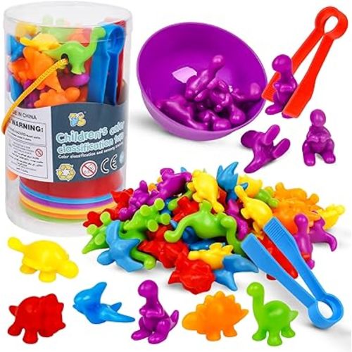 Counting Dinosaurs Color Sorting Toys with Rainbow Bowls for Kids Sensory Training & Counting Activity Montessori Education Learning Activities Easter Gift for 3-5 Years Old Boys Girls