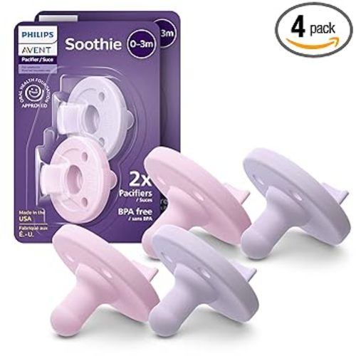 Philips Avent Soothie Baby Pacifier for 0-3 Months, BPA-Free, 4-Pack | Supports Natural Suckling, Medical Grade Silicone, Hospital-Grade Sterilization, One-Piece Design, Lilac/Pink, SCF190/70