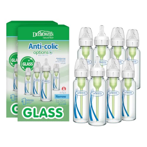 Dr. Brown's Anti-Colic Options+ Narrow Glass Baby Bottle, 8 oz, 8-Pack | Clinically proven to reduce colic, glass bottles with Level 1 slow flow nipple, 0m+, BPA-free