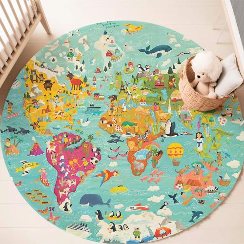 Global World Map Rug, Safari Animal Nursery Room Mat, Universe Earth Area Mat, Home Decor Carpet, Kids Learning Playmat, Circle Floor Mat