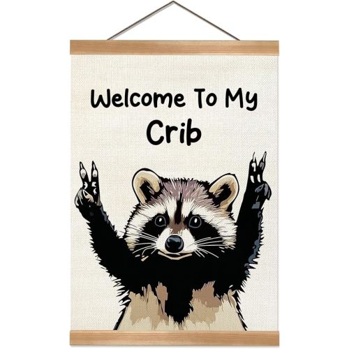 ZTGDA Welcome to My Crib Wall Art,Funny Raccoon Poster Durable Man Cave Wall Decor,Raccoon Canvas Hanging Sign for Entryway, Dorm Room, Nursery or Bedroom Decor (My crib raccoon)