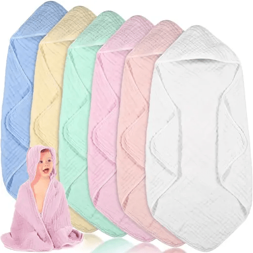 Peryiter 6 toallas de muselina con capucha para bebé, 32 x 32 pulgadas, toalla de baño de algodón para recién nacidos, mantas absorbentes unisex para recién nacidos, regalo para niñas y niños (serie