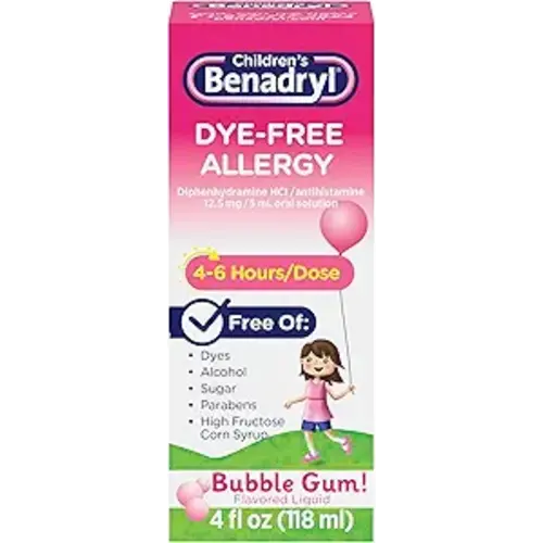 Children's Benadryl Dye-Free Allergy Relief Liquid + 12.5 mg Diphenhydramine HCl, Antihistamine Allergy Medicine for Kids Helps Relieve Runny Nose & Sneezing, Bubble Gum Flavor, 4 fl. oz