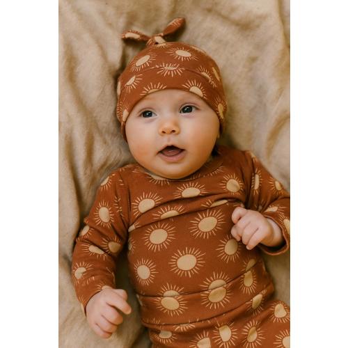 Boho Sun Baby Outfit: Rusty Brown Bodysuit, Hat & Pants Set