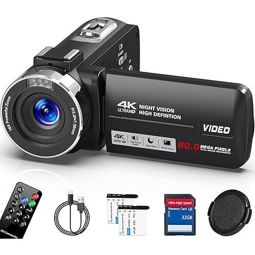 Camcorder Video Camera 4K HD 80MP Vlogging Camera for YouTube, 30FPS IR Night Vision Camera, 18X Digital Zoom 3.0 270°IPS Screen Video Camera with SD Card, 2 Batteries, Remote Control