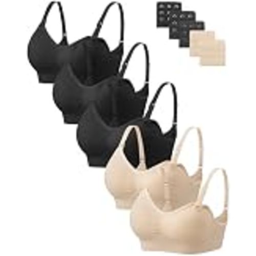 Angelhood Women Nursing Bras for Breastfeeding 5 Pack, Maternity Sleep Bra | Seamless Pregnancy Full Bust Bralettes with Extenders, Wireless V Neck Bralette, Ultra Comfort Postpartum Essentials Bra Pack