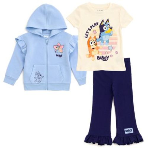 Bluey Fleece Drop Shoulder Zip Up Hoodie Ribbed T-Shirt Pants 3 Piece Outfit Set Toddler