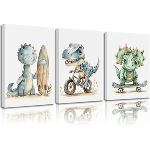 Funny Dinosaur Nursery Canvas Wall Art Surfing Skateboard Riding Dinosaur Painting Picture Wall Decor Sport Nursery dinosaur Print Artwork Poster Print Artwork for Boys Room Girls Room Home Decoration