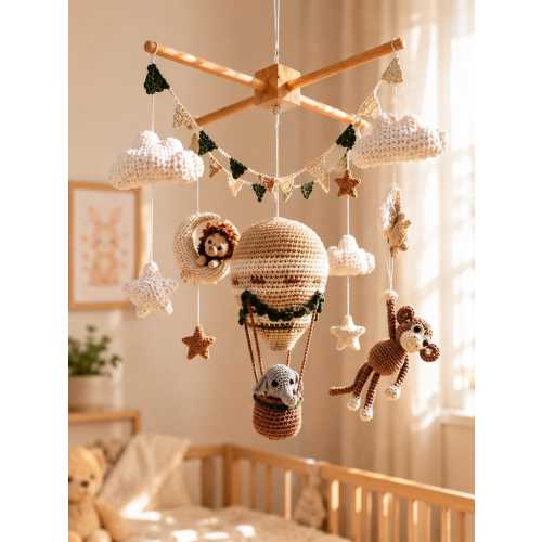 Safari Crochet Baby Mobile, Hot Air Balloon Nursery Mobile, Jungle Animal Crib Mobile, Neutral Baby Nursery Decor, Handmade Baby Shower Gift