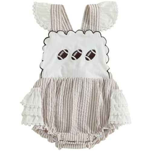 Newborn Baby Girl Football Outfit Football Embroidery Striped Bubble Romper Sleeveless Onesie Ruffle Bodysuit Overalls