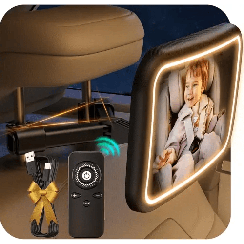Baby Car Mirror With Light for Baby Rechargeable 2000mA Baby Mirror for Car Seat Rear Facing Hook Clip Design Car Seat Mirror for Baby Rear Facing Crystal Clear ShatterProof With Remote 10ft Cable