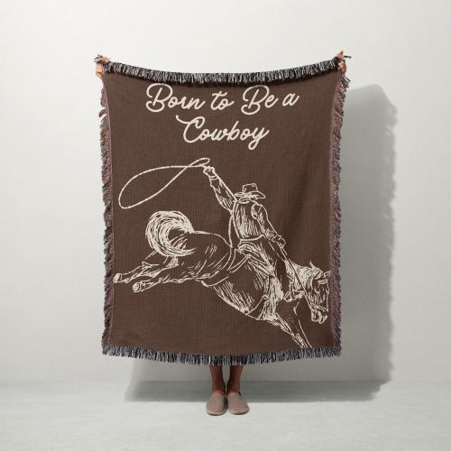 Born to Be a Cowboy Woven Blanket | Western Nursery Tapestry | 100% Cotton | Baby Boy Cowboy Decor