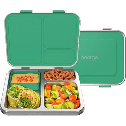 Bentgo Kids Stainless Steel Leak-Resistant Lunch Box - 3-Compartments with Bonus Silicone Container, Durable, Eco-Friendly, Dishwasher Safe, BPA-Free, Ideal for School, Ages 3+ (Green)