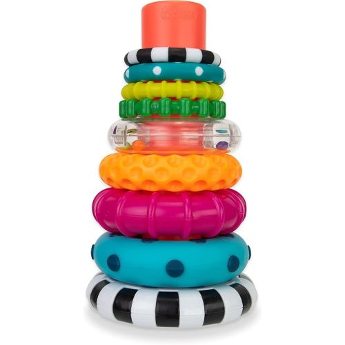 Sassy Stacks of Circles - Stacking Ring STEM Developmental Learning Toy - High Contrast Multicolored 9 Piece Set - For Ages 6+ Months