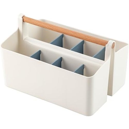 Large Portable Basket with Handle, Plastic Craft Storage Organizer Caddy Tote with Adjustable Divided for Makeup Art Supplies, Sewing, Colored Pencils-Blue