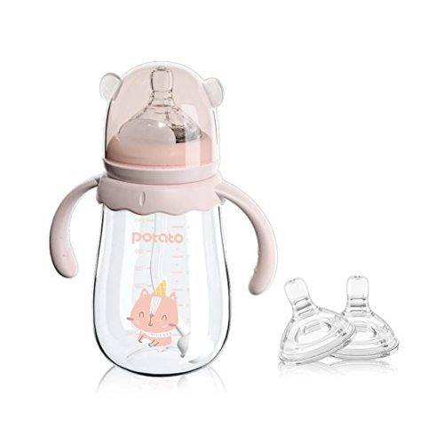 POTATO Glass Baby Bottles, Anti-Colic Breastfeeding Bottles with Fast Flow Nipple, Suitable for Babies 6-12 Months, 2 Replaceable Nipples, 8 oz, Pink