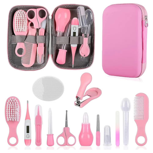 Baby Grooming Kit, Infant Safety Care Set with Hair Brush Comb Nail Clipper Nasal Aspirator,Baby Essentials Kit for Newborn Girls Boys (Pink)