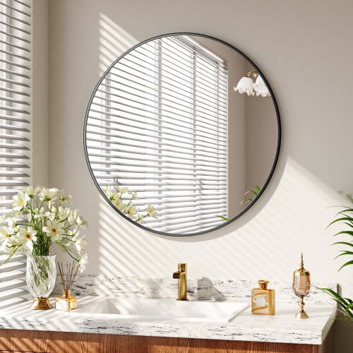 YVANLA 30" Rounded Bathroom Wall Mirror Vanity Mirror,Black