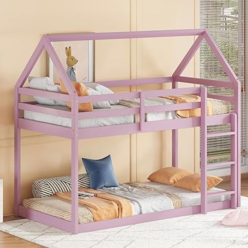 Floor House Bunk Bed for Kids,Twin Over Twin Bunker Bed with Guardrails and Ladder,No Box Spring Needed,Rubberwood Bed Frame for Kids,Girls-Pink