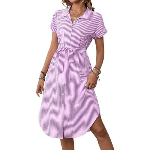 chouyatou Women's Summer Striped Button Down Shirt Dress Casual Loose Belted Midi Long Beach Dress