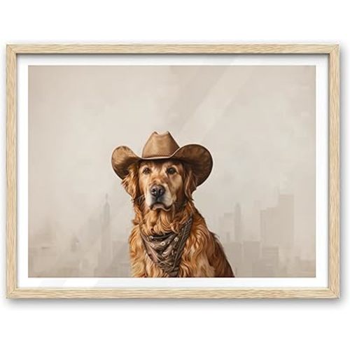 iHery Natural OAK Wood Golden Retriever Neutral Dog Cowgirl Hat Framed Wall Art, 12x16 in Neutral Western Trendy Canvas Wall Art Decor For Bedroom, Funky Vintage Apartment Living Room Set of 1