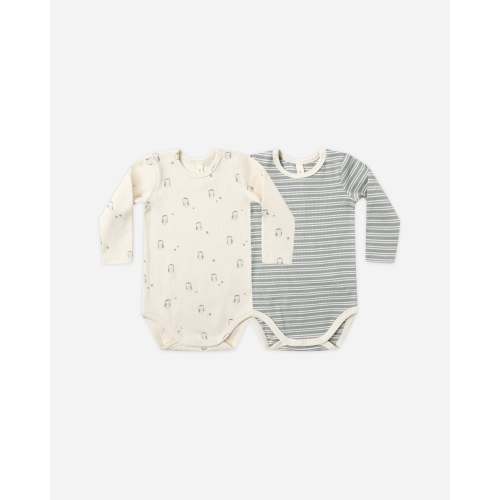 Ribbed Bodysuit, 2 Pack || Steel Blue Micro Stripe, Owls – Quincy Mae
