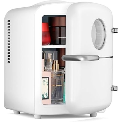 Xbeauty Skincare Mini Fridge, Compact Refrigerator with 4L Capacity/6 Cans，Cooler & Warmer, Round View Window & Removable Shelf for Skincare, Beverages, Cosmetics, Perfect for Dorm, Bedroom,White