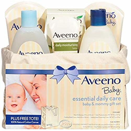 Aveeno Baby Essential Daily Care Baby & Mommy Gift Set featuring a Variety of Skin Care and Bath Products to Nourish Baby and Pamper Mom, Baby Gift for New and Expecting Moms, 8 items