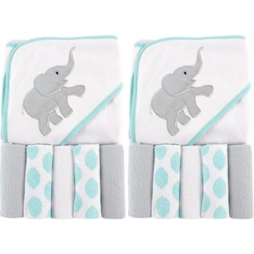 Luvable Friends Unisex Baby Hooded Towel with Five Washcloths,Cotton,Polyester,Ikat Elephant,One Size,(Pack of 2)