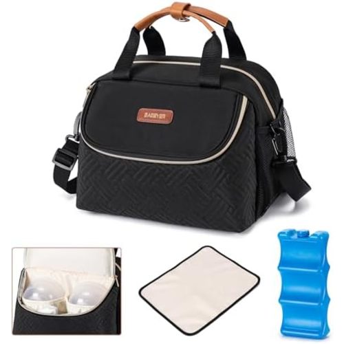 Wearable Breast Pump Bag with Ice Pack, Fits 6 Up to 9 Oz Baby Bottle, Baby Bottle Cooler Bag Come with Waterproof Mat, Adjustable Shoulder Strap for Nursing Moms, Black