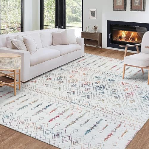 ReaLife Machine Washable Area Rug - Living Room Bedroom Bathroom Kitchen Entryway Office - Padded Low Pile Stain Resistant Premium - Geometric Moroccan Tribal - Beau - Ivory Multi 4' x 6'