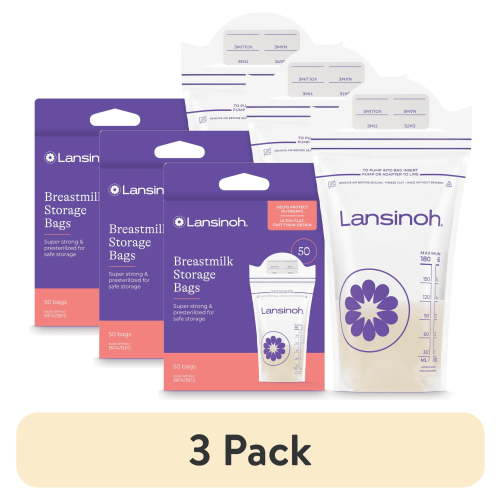 (3 pack) Lansinoh Breastmilk Storage Bags, 50 Count, Baby Essentials, Fast Freeze & Thaw Breast Milk Bags for Baby Bottle Feeding, Superior Strength & Stretch, 6 Ounce