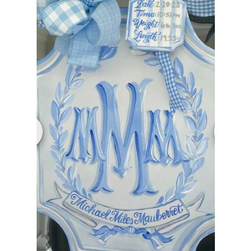 Blue and white hospital door hanger baby board with birth info tag