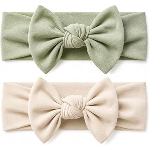 Baby Girl Headbands-Infant,Toddler Cotton Handmade Hairbands with Bows Child Hair Accessories (2, Light Beige-Linden Green, 3-36 Month)