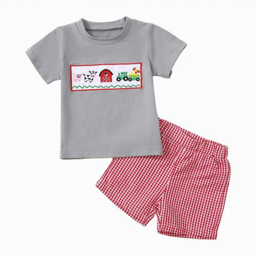 Toddler Baby Boy Clothes Summer Outfits Embroidery Trucks Smocked Shirt T-Shirt + Gingham Shorts 1T 2T 3T
