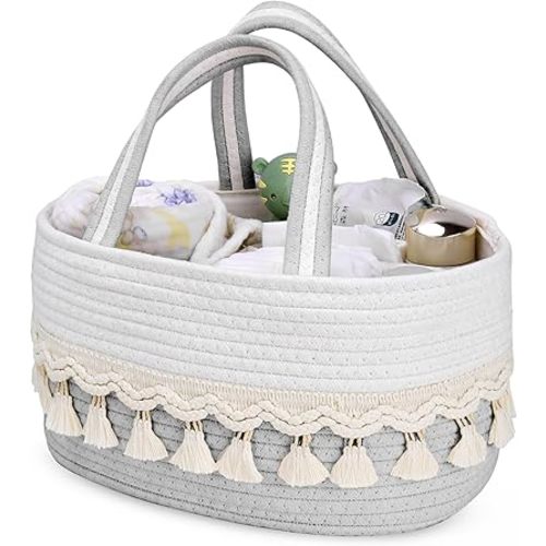 Diaper Caddy Organizer, Stylish Nursery Storage Basket, Baby Shower Basket with Tassel Decorative Appearance, Portable Storage Basket Suitable for Family and Car Travel (Grey)