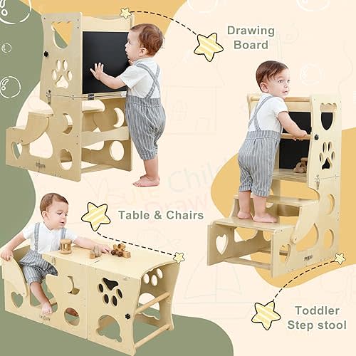 Toddler Kitchen Step Stool - 3 in 1 Montessori Toddler Standing Tower with Safety Rail & Chalkboard, Learning Standing Tower, Weaning Table, Wooden Kitchen Stool Helper for 1-3 Year Old Boy Girl Gifts