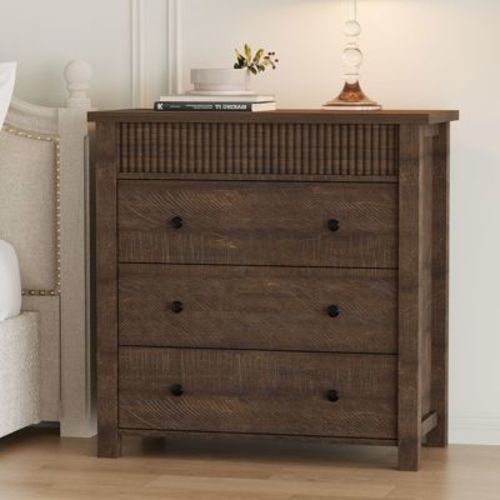 Fluted 3 Drawer Dresser, 3 Chest of Drawers Nightstand with Fluted Design, 32" Tall Wooden Dresser Closet for Bedroom Living Room Nursery