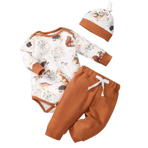 WIBACKER Newborn Baby Boy Clothes Fox Print Long Sleeve Baby Romper+Waffle Pants w/Hat 3PCS Spring Fall Outfits