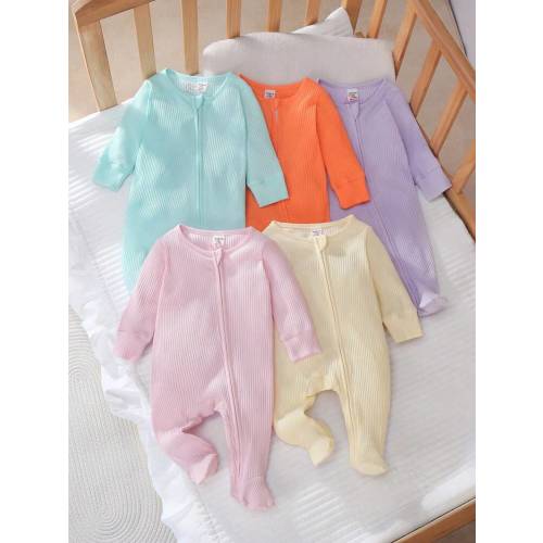 5pcs Newborn Baby Candy Color Solid Cotton Soft Comfortable Long Sleeve Zipper Jumpsuit Homewear Set Newborn Zipper Pajamas Baby Girl Clothes Zipper Fall Winter | SHEIN USA
