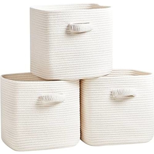Storage Cube Baskets for Organizing - 3 Pack - 11 inch Square Baskets for Cube Storage, Closet Storage Bins - Woven Cube Storage Bins for Shelves - Cube Drawer - Ideal for Toy Storage |White