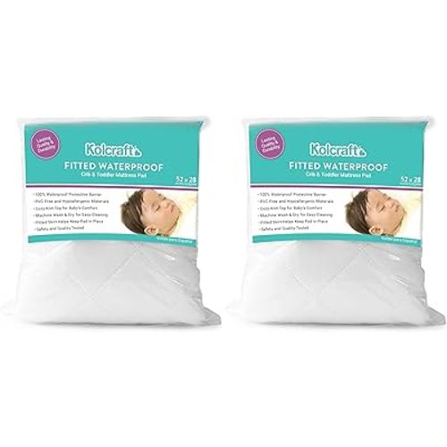 Kolcraft Fitted Waterproof Baby Infant Crib Mattress Protector Pad and Toddler Bed Cover, Durable and Comfortable Topper, Machine Washable and Dryer Friendly Bedding, 52” x 28”- White